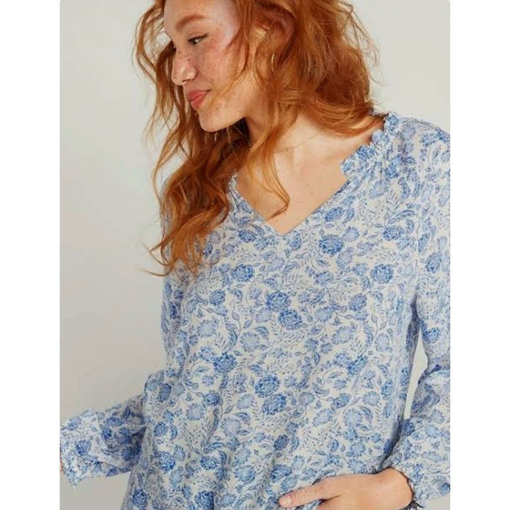 Old Navy Floral Pullover Blouse Ruffle Split Neck Womens Large Blue Blend White